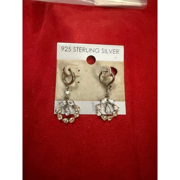 925 Sterling Silver Dangle Earrings Teardrop Cubic Zirconia Circle Design 2 Tone - Picture 5 of 6